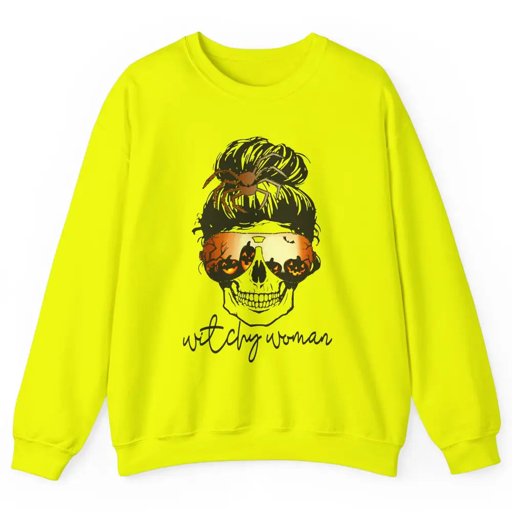 Witchy Woman Messy Bun Hair Skull Halloween Pumpkin Costume Unisex Crewneck Sweatshirt