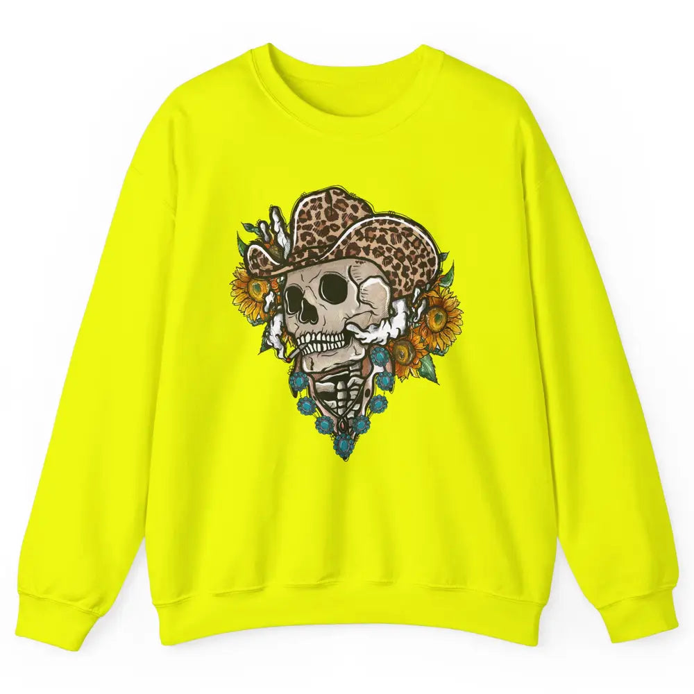 Sunflower Leopard Cowboy Skull Gemstone Western Country Gift Unisex Crewneck Sweatshirt