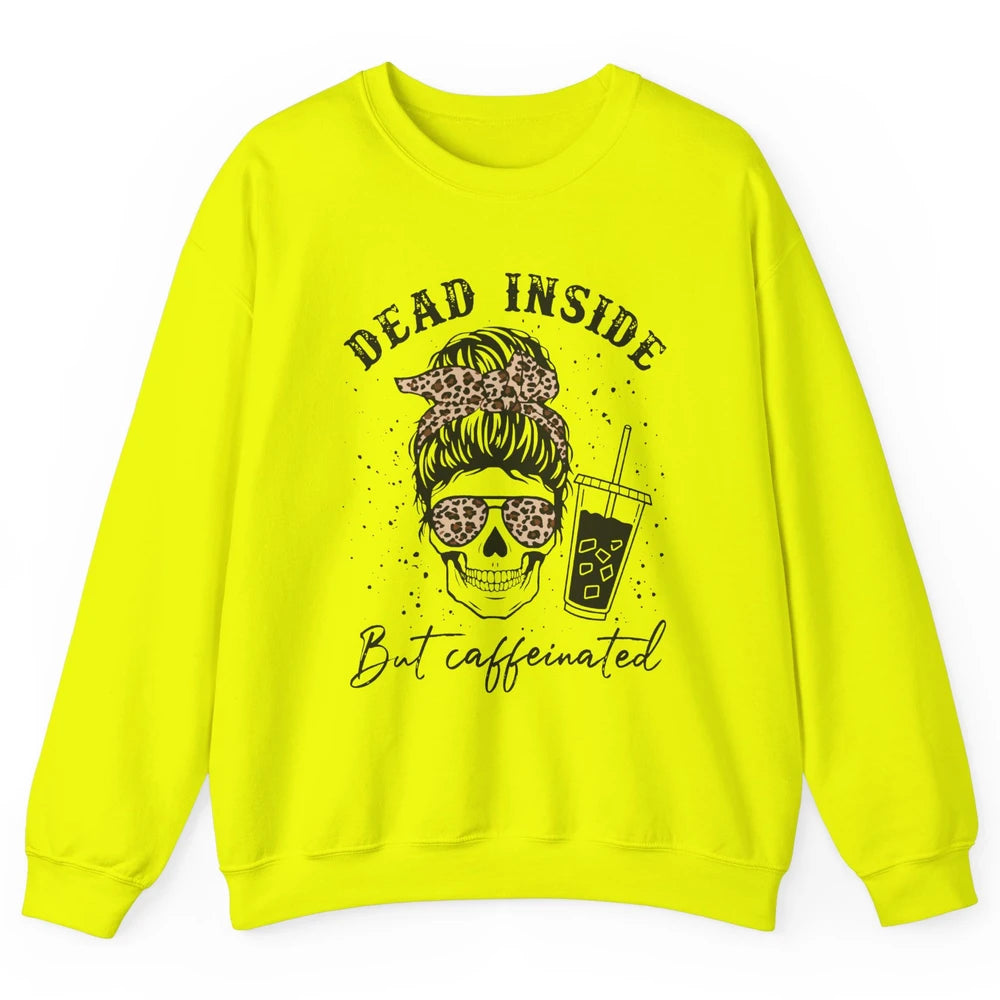 Funny Messy Bun Skull Dead Inside But Caffeinated Leopard Unisex Crewneck Sweatshirt