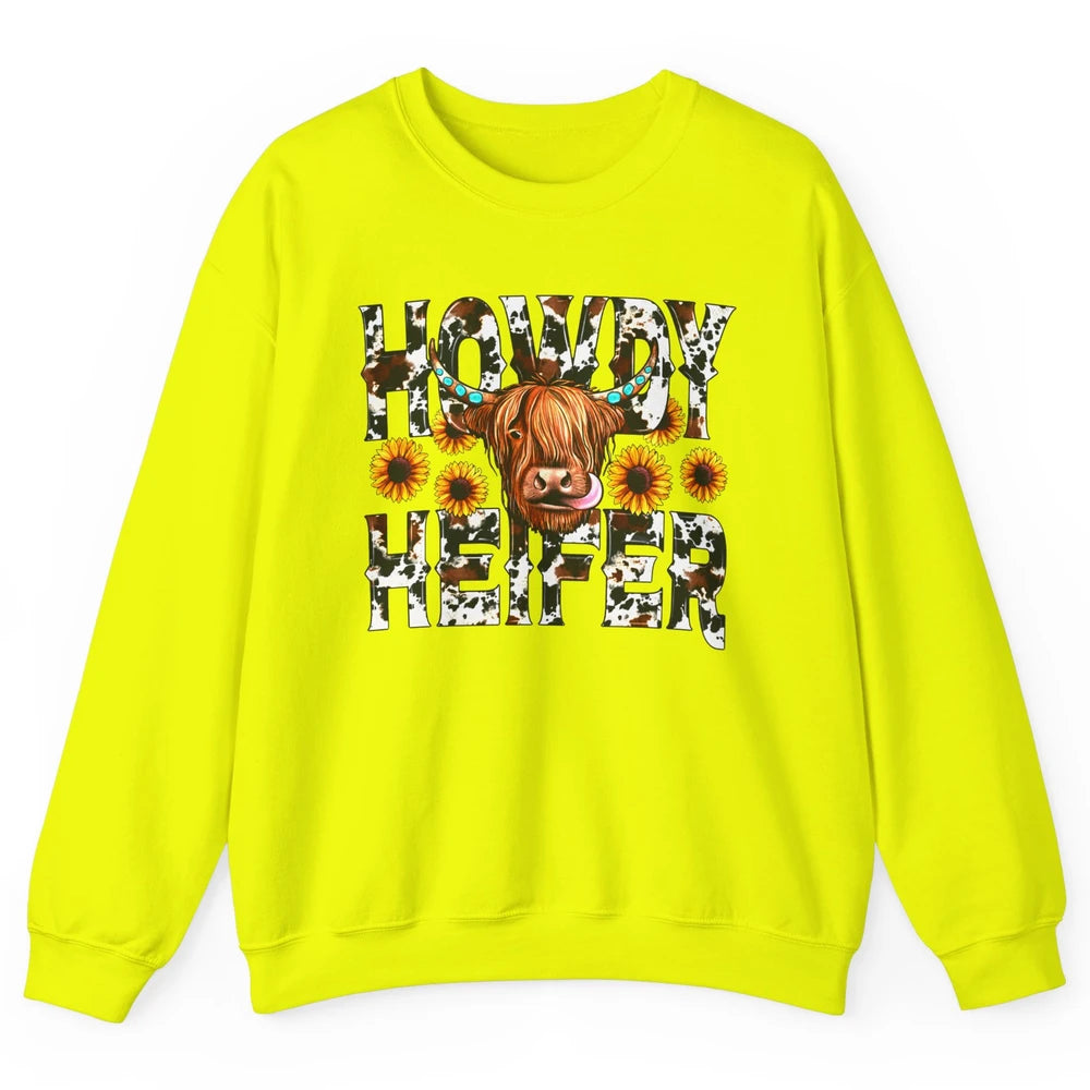 Sunflower Highland Cow Howdy Heifer Western Country Cowboy Unisex Crewneck Sweatshirt