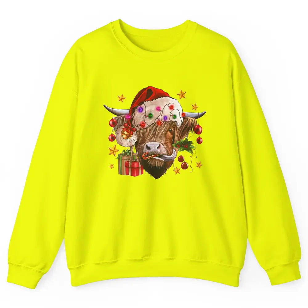 Highland Cow Joy Santa Hat Christmas Ornament Western Farm Unisex Crewneck Sweatshirt