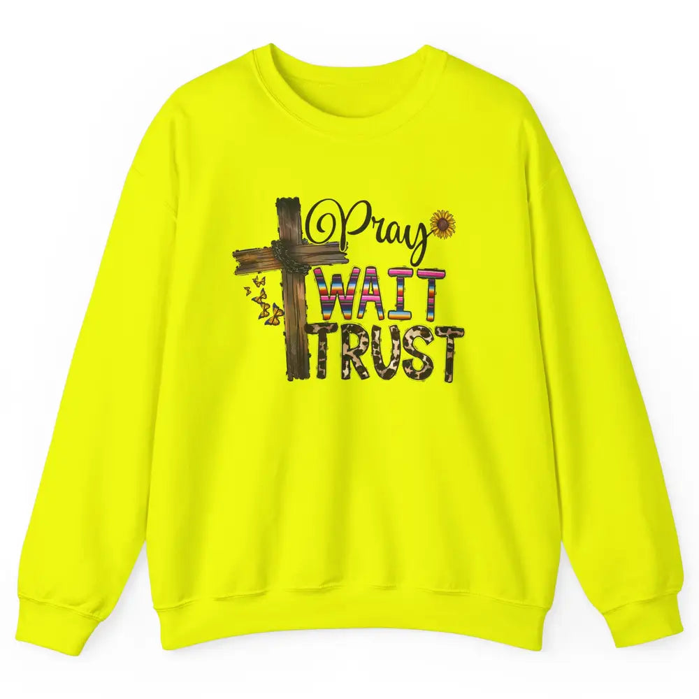 Sunflower Leopard Pray Wait Trust Christian Motivational Unisex Crewneck Sweatshirt