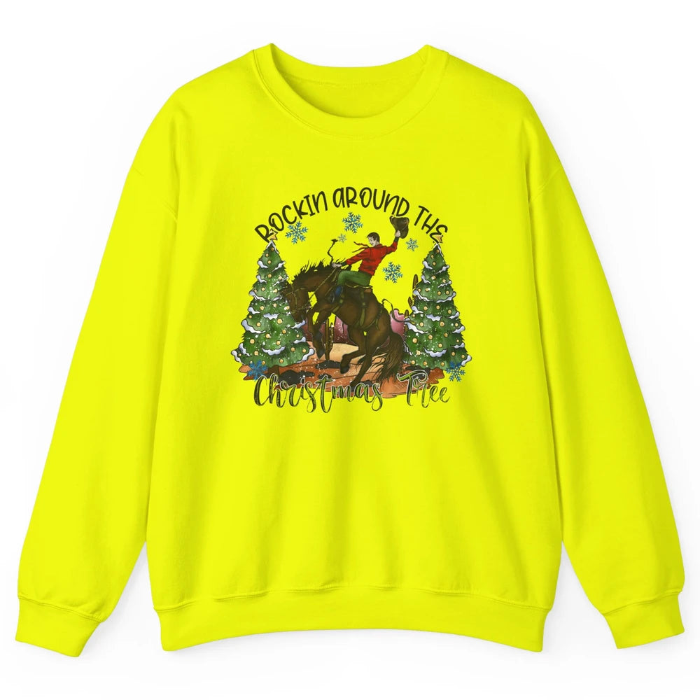 Funny Cowboy Horsing Rocking Around Christmas Tree Western Unisex Crewneck Sweatshirt