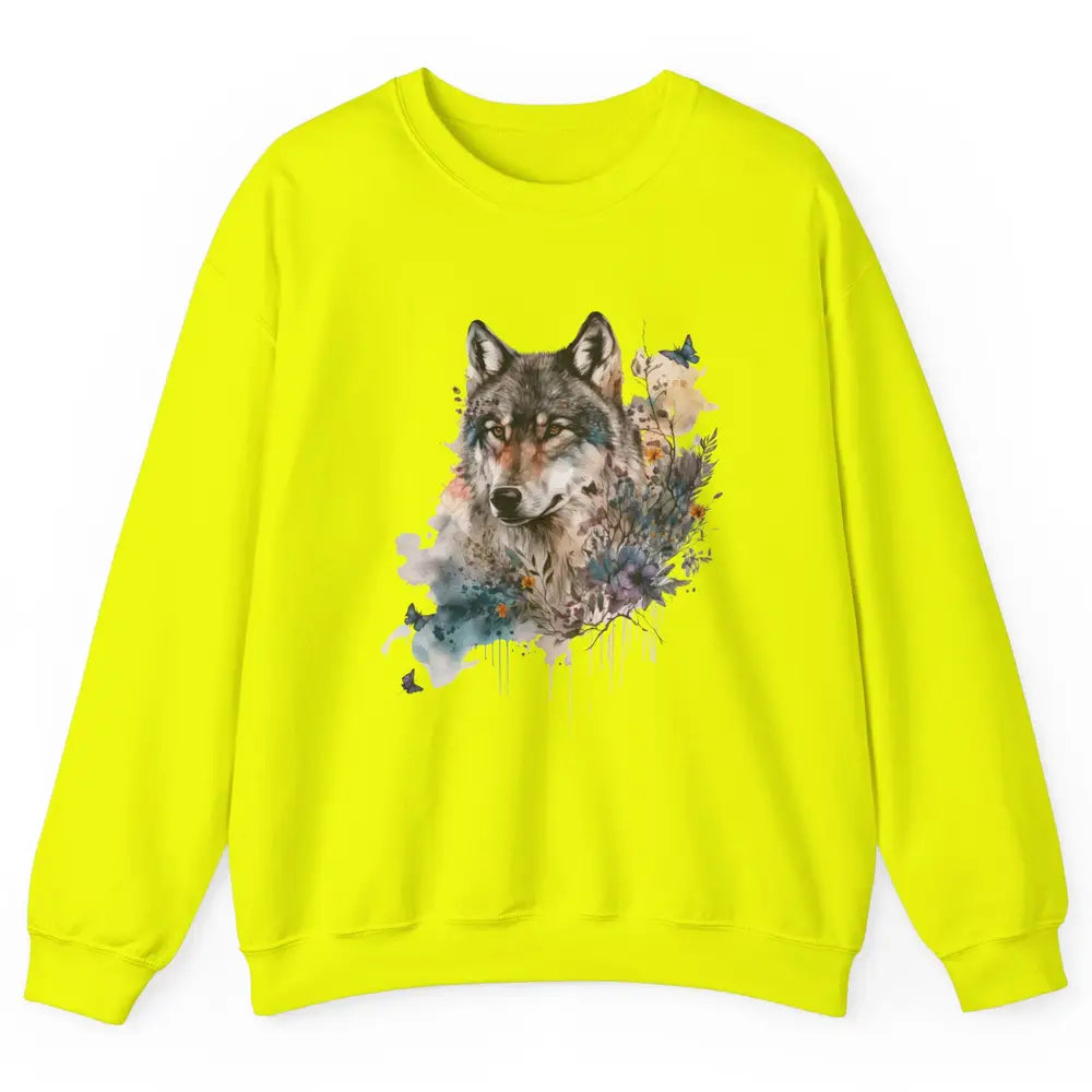 Watercolor Wolf Face Howl Butterfly Wolves Wild Animal Retro Unisex Crewneck Sweatshirt