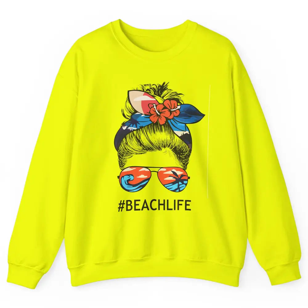 Beach Life Messy Bun Hawaiian Hair Retro Beach Palms Summer Unisex Crewneck Sweatshirt