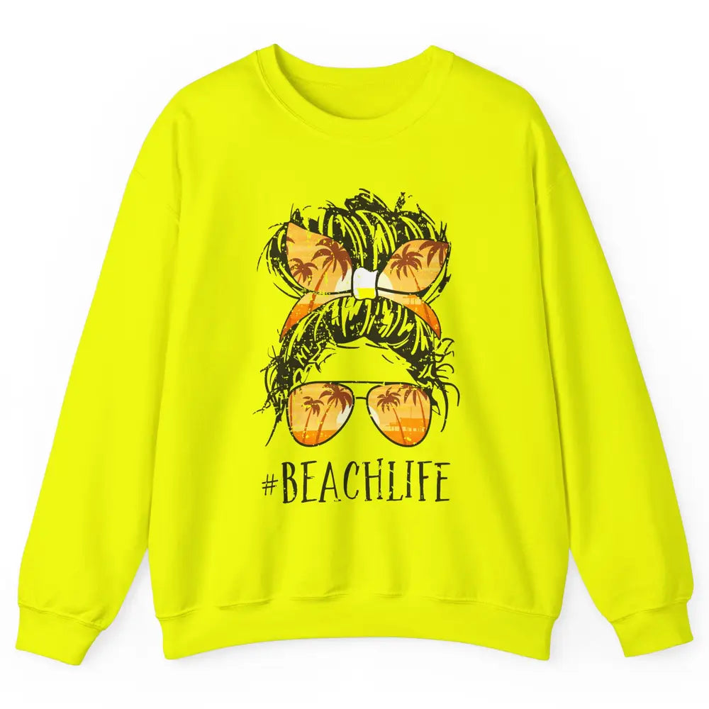 Beach Life Messy Bun Hair Retro Vintage Beach Palms Summer Unisex Crewneck Sweatshirt