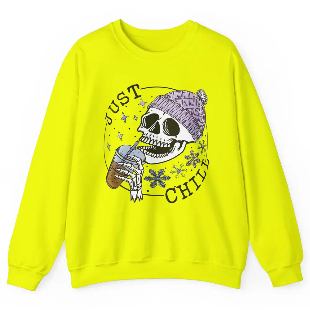 Funny Skeleton Coffee Just Relax Snowflakes Christmas Unisex Crewneck Sweatshirt