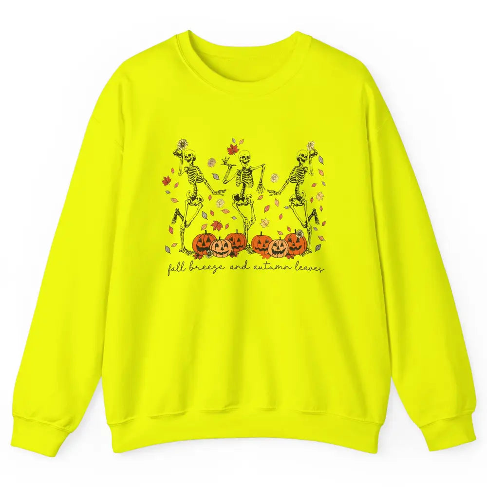 Retro Pumpkin Dancing Skeleton Fall Breeze And Autumn Leaves Unisex Crewneck Sweatshirt