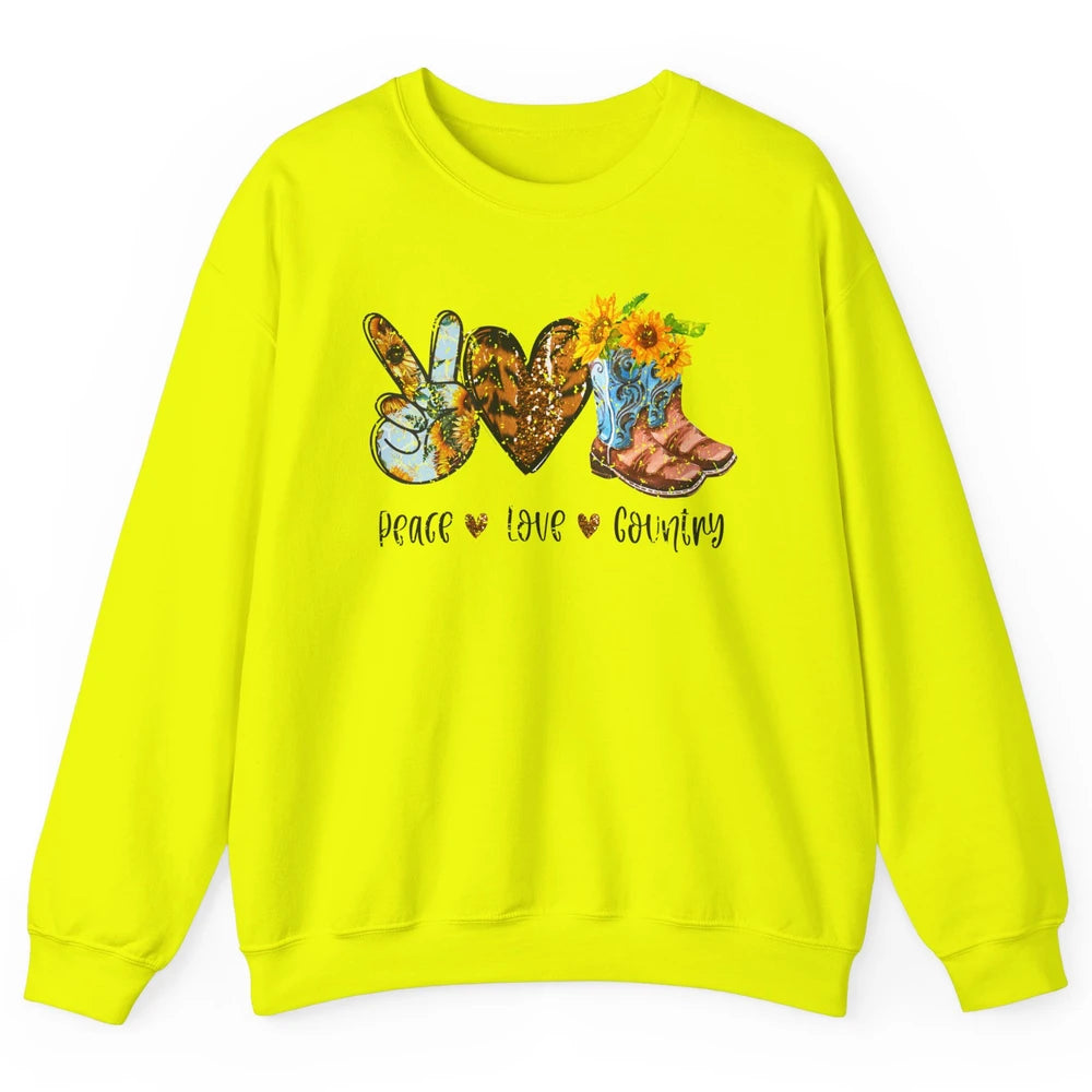 Retro Sunflower Peace Love Country Cowgirl Midwest Girl Boot Unisex Crewneck Sweatshirt