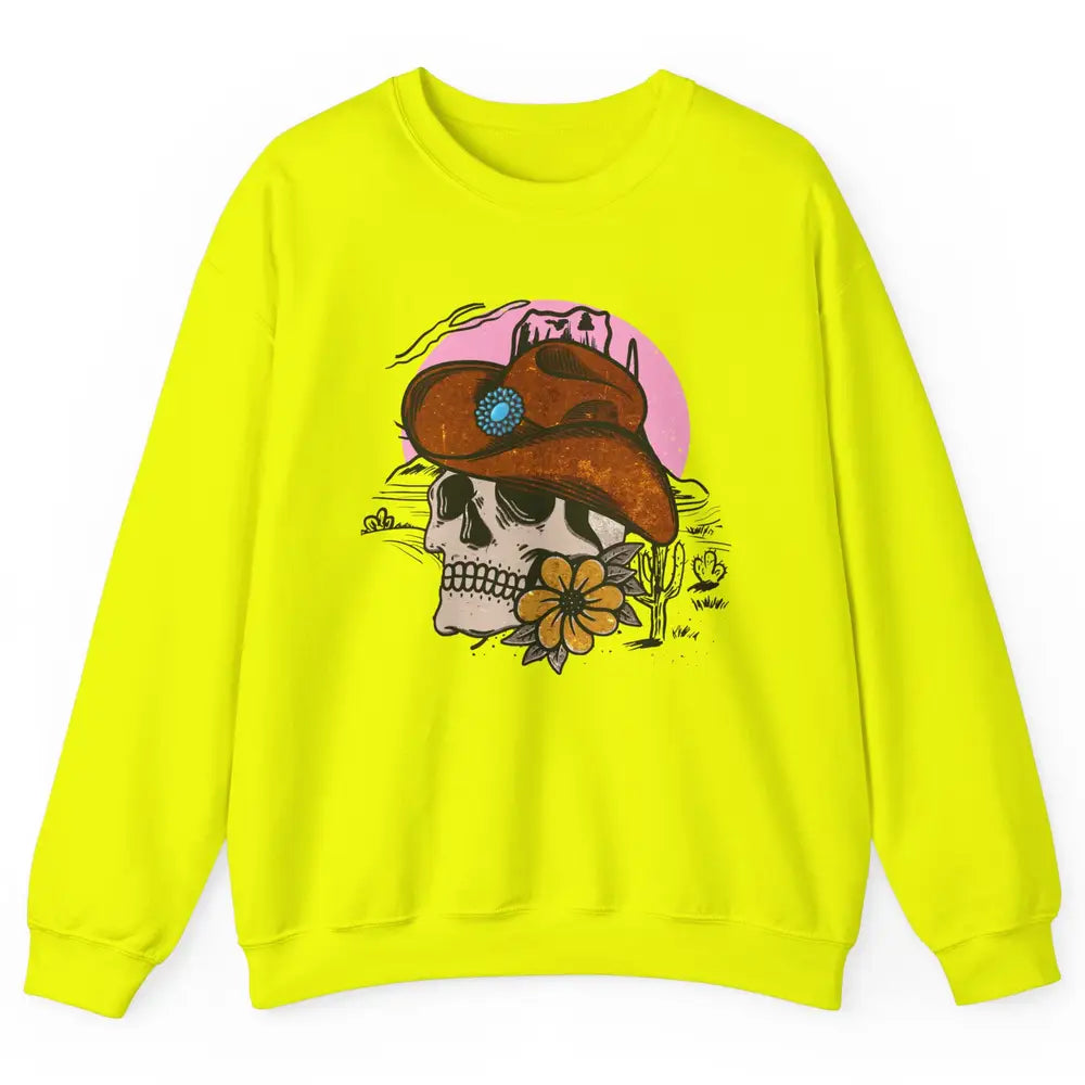 Skull Desert Cactus Cowboy Gemstone Hat Western Country Girl Unisex Crewneck Sweatshirt