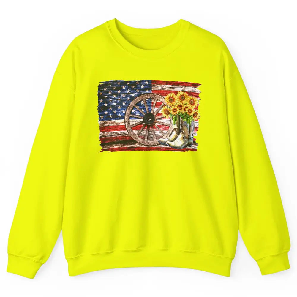 Retro US Flag Sunflower Cowgirl Boots Texas Cowboy Western Unisex Crewneck Sweatshirt