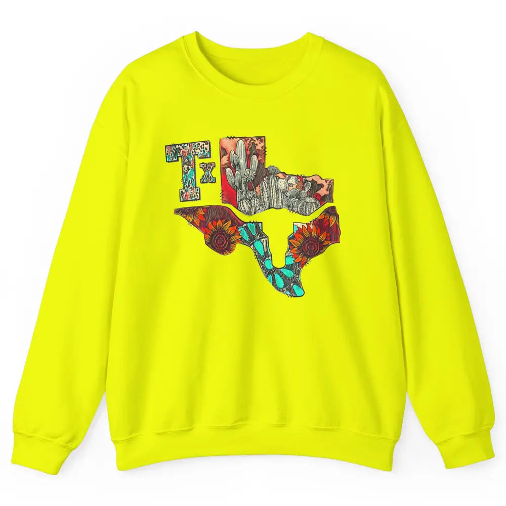 Texas Map Boho Texas State Leopard Western Desert Cactus Unisex Crewneck Sweatshirt