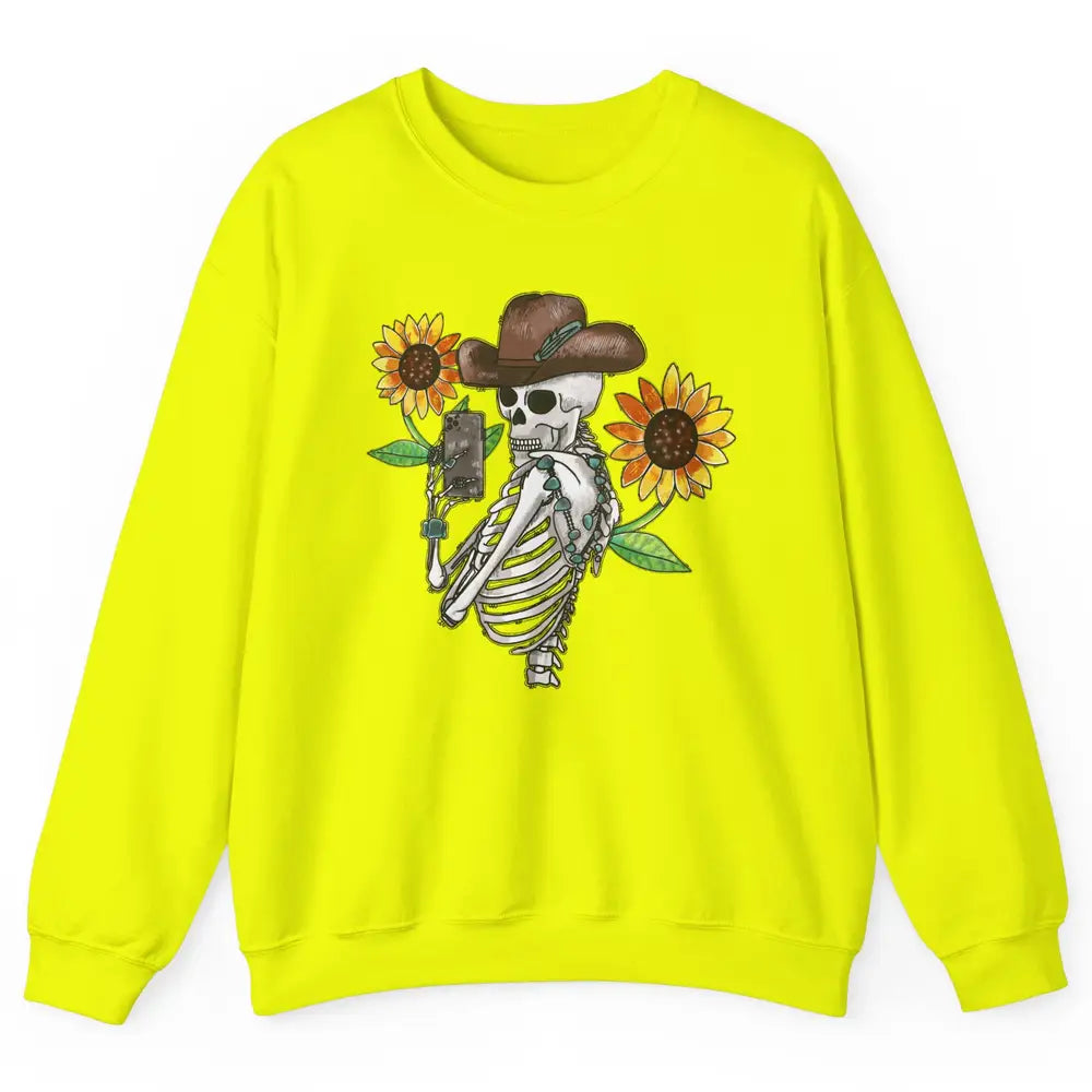 Western Cowboy Hat Skeleton Sunflower Funny Skeleton Selfie Unisex Crewneck Sweatshirt