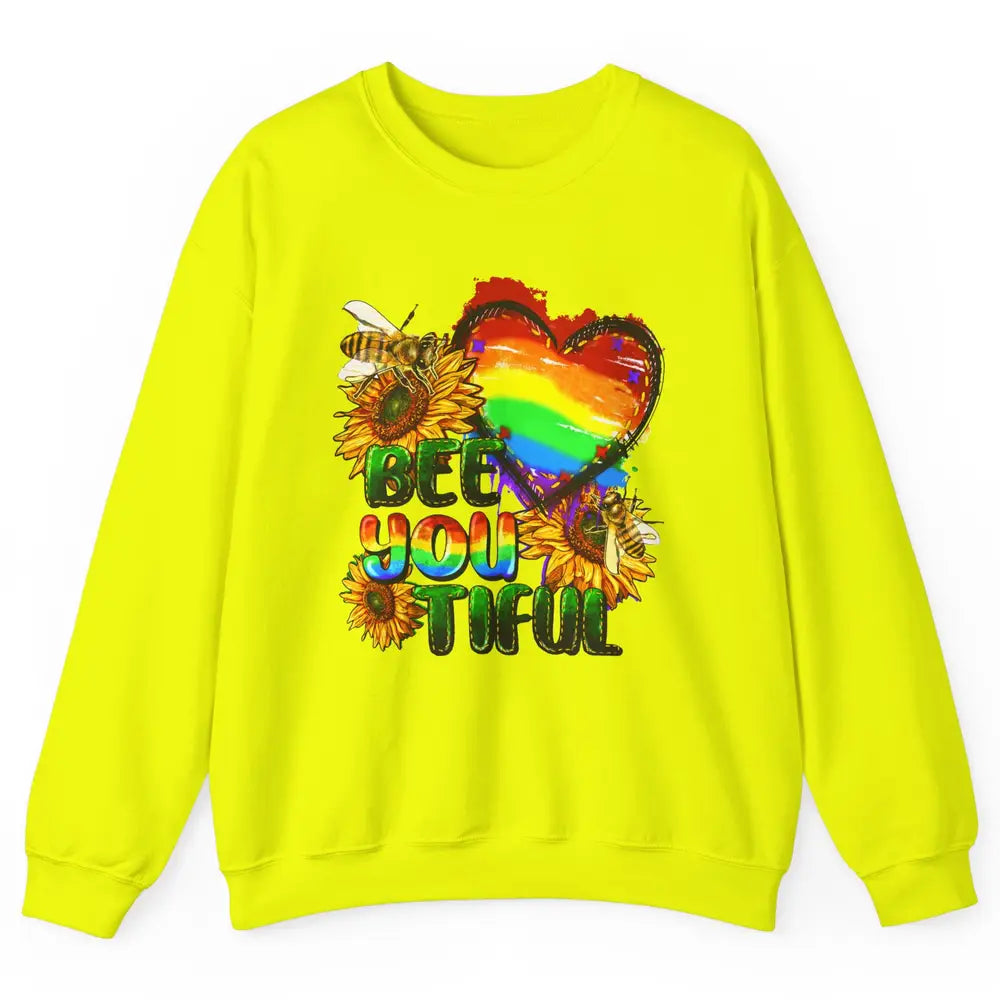 Bee You Tiful Pride Heart Rainbow Sunflower LGBT Pride Month Unisex Crewneck Sweatshirt