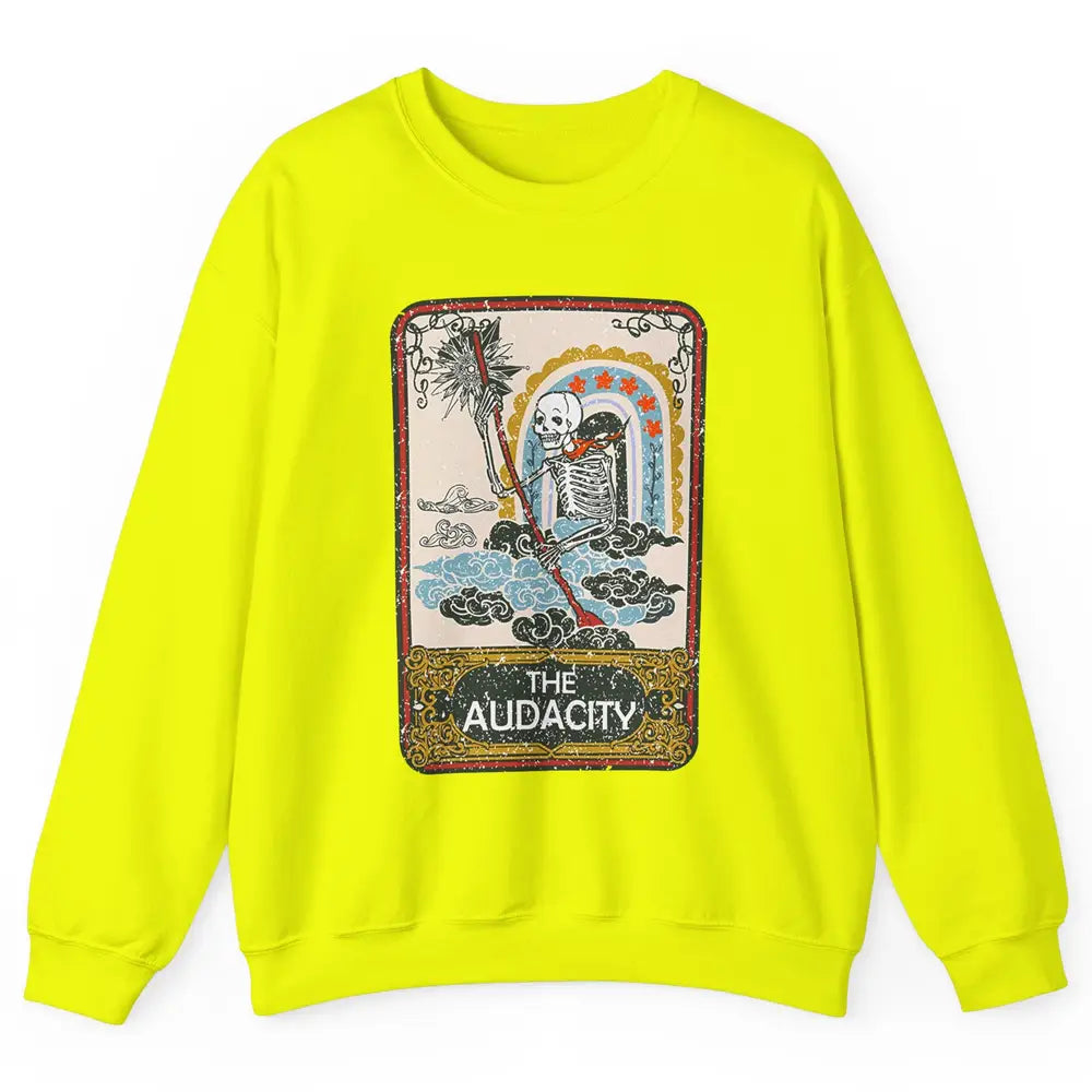 Retro Skeleton Riding Clouds Rainbow The Audacity Tarot Card Unisex Crewneck Sweatshirt