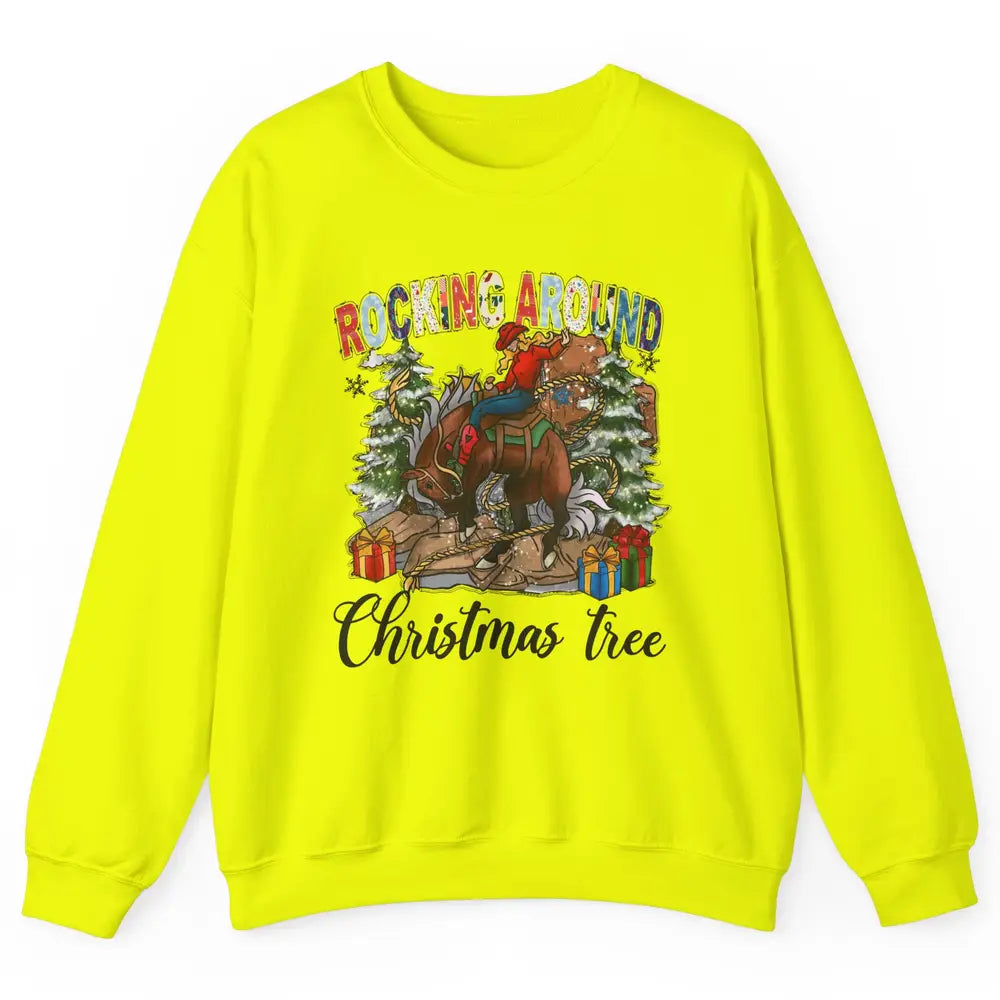 Funny Cowgirl Horsing Rocking Around Christmas Tree Western Unisex Crewneck Sweatshirt