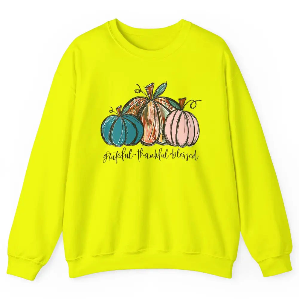 Grateful Thankful Blessed Doodle Pumpkin Fall Thanksgiving Unisex Crewneck Sweatshirt