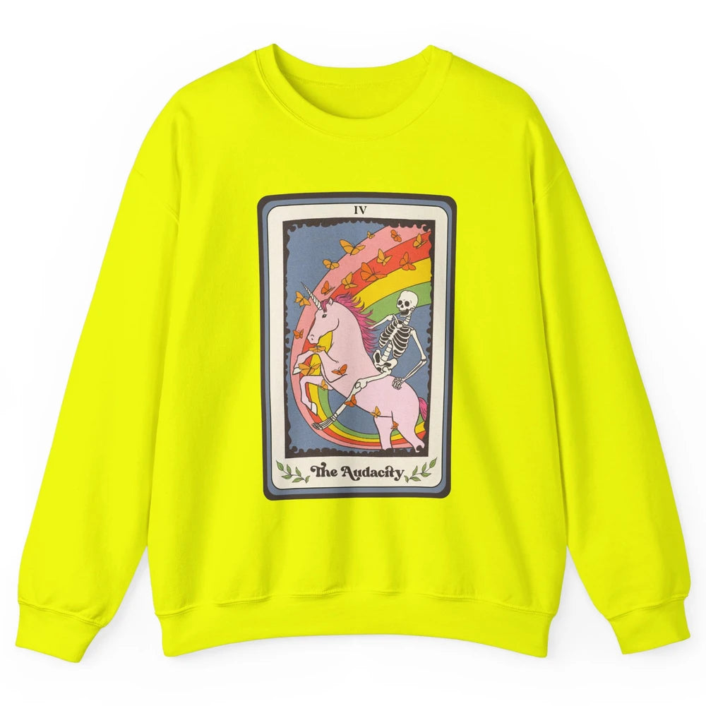 Retro Skeleton Rides Unicorn The Audacity Tarot Card Rainbow Unisex Crewneck Sweatshirt