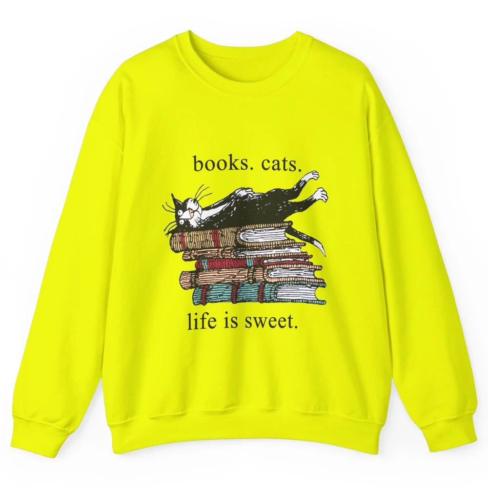 Books Cats Life Is Sweet Cat Book Lovers Reading Book Unisex Crewneck Sweatshirt