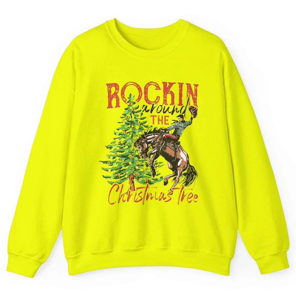 Funny Cowboy Horsing Rocking Around Christmas Tree Western Unisex Crewneck Sweatshirt