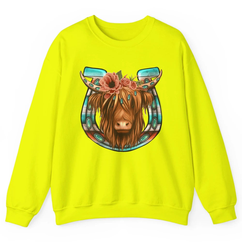 Floral Highland Cow Heifer Horseshoe Western Country Cowboy Unisex Crewneck Sweatshirt