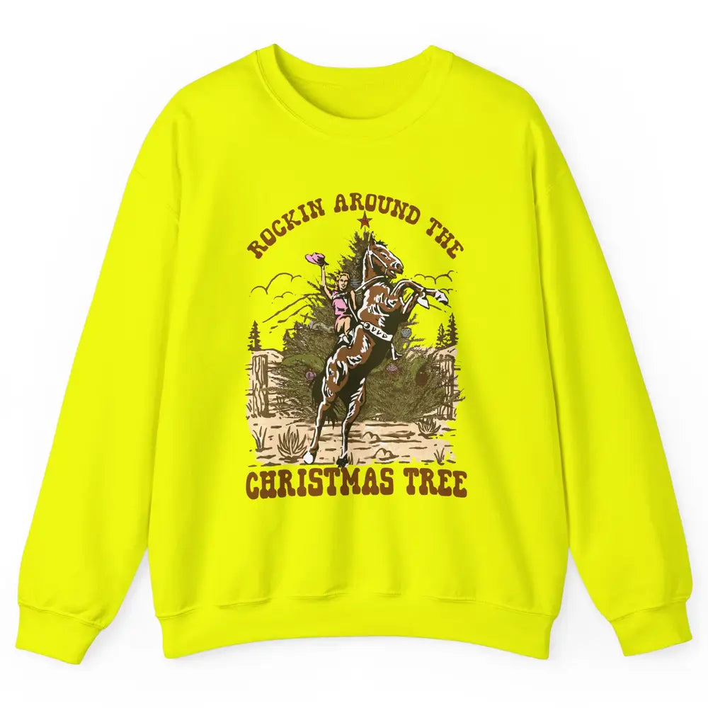 Funny Cowgirl Horsing Rocking Around Christmas Tree Western Unisex Crewneck Sweatshirt