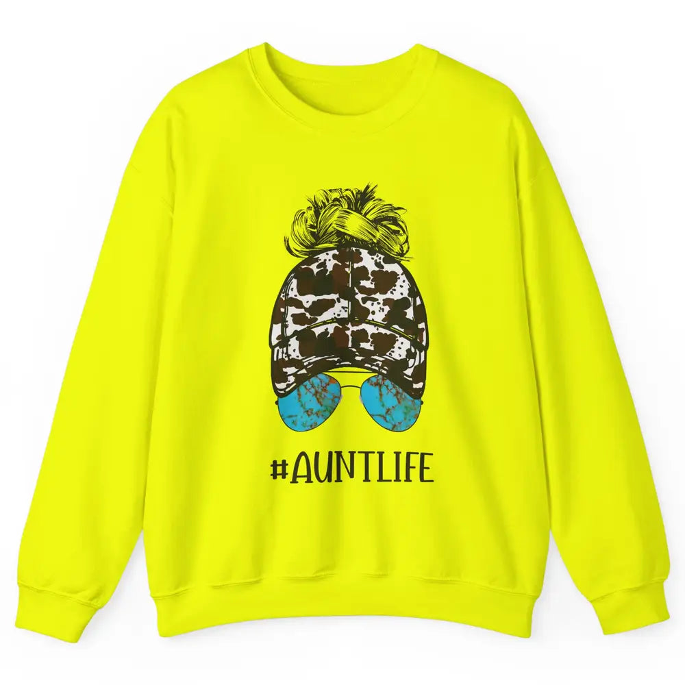 Aunt Life Messy Bun Glasses Cowhide Western Auntie Life Unisex Crewneck Sweatshirt