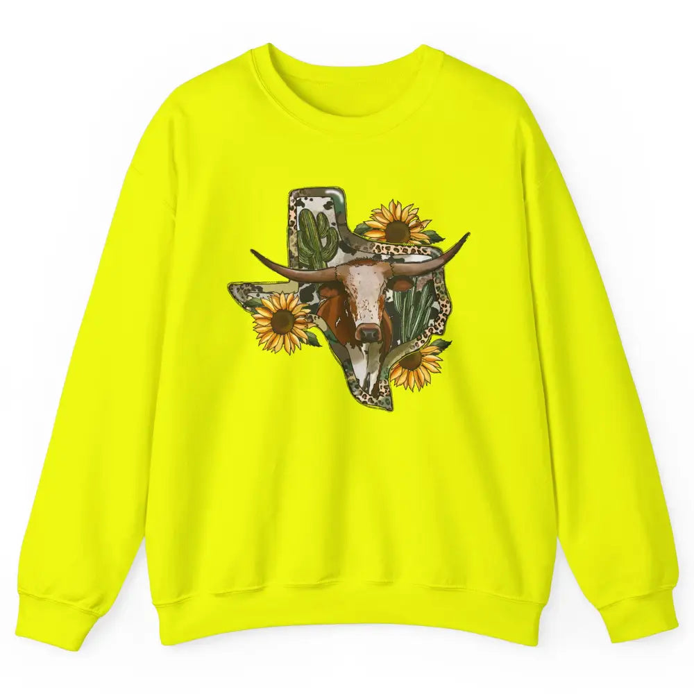 Texas Map Leopard Sunflower Western Texas Cow Longhorn Unisex Crewneck Sweatshirt