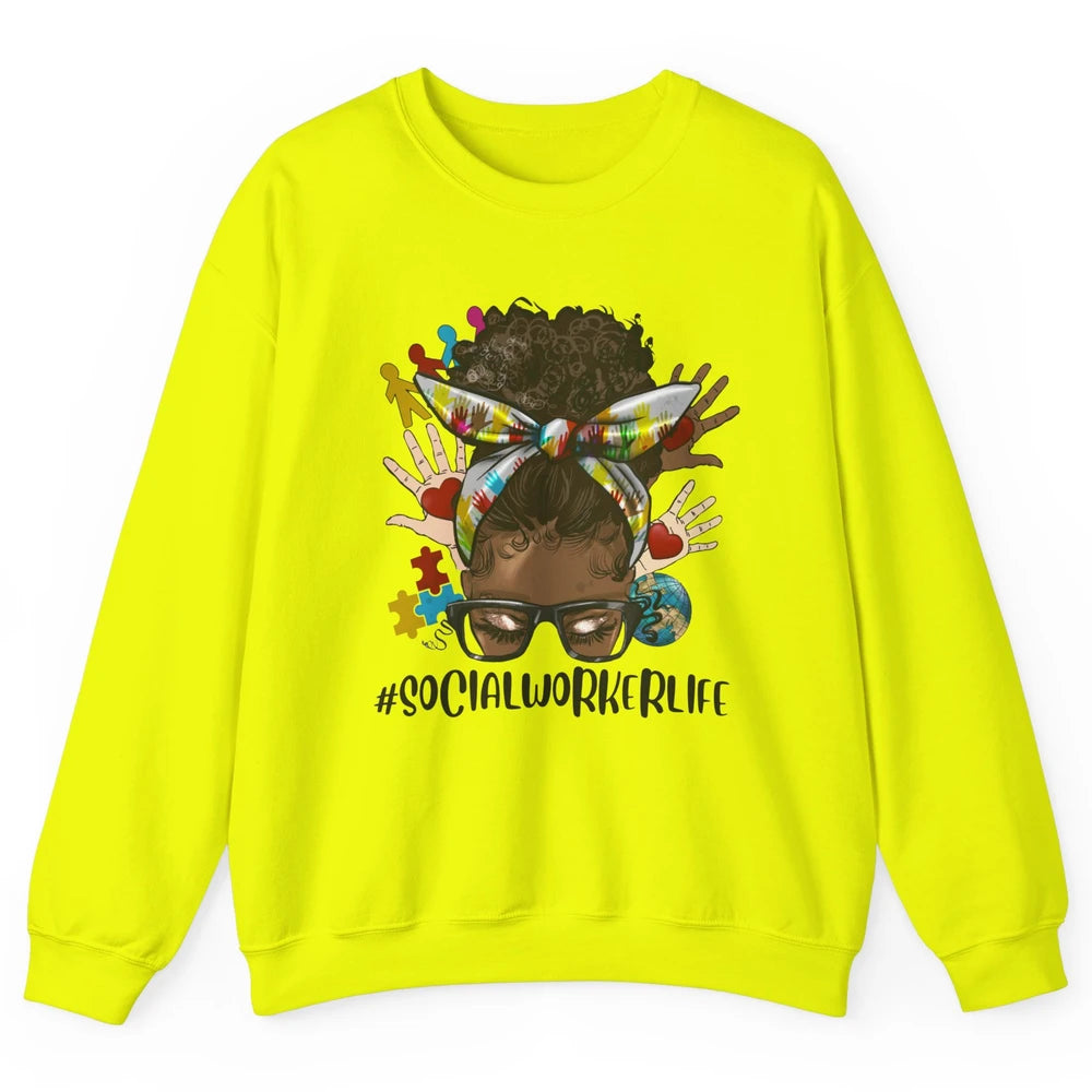 Social Worker Life Messy Bun Black Girl Glasses Be Kind Unisex Crewneck Sweatshirt