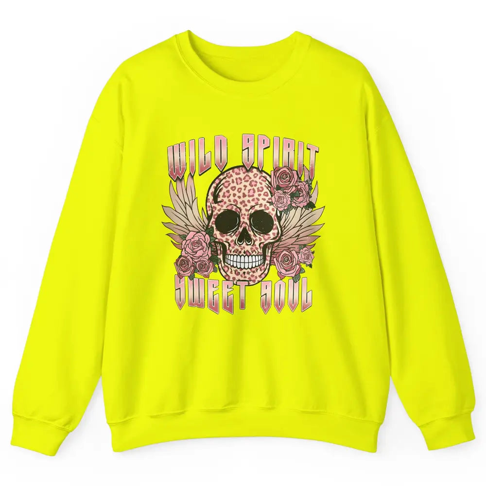 Wild Spirit Sweet Soul Skull Leopard Flowers Western Boho Unisex Crewneck Sweatshirt