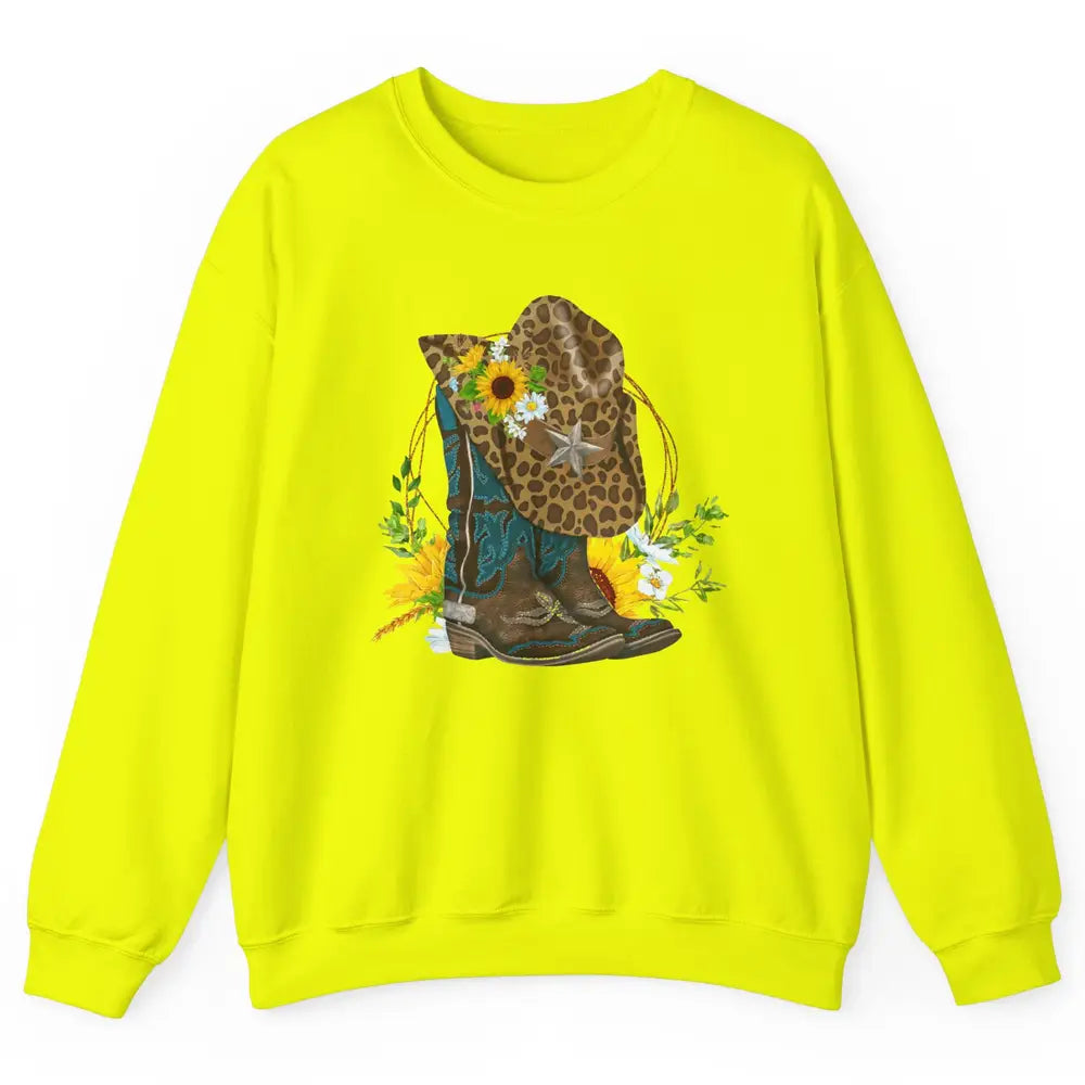 Western Floral Cowboy Boots Hat Leopard Flower Texas Vintage Unisex Crewneck Sweatshirt