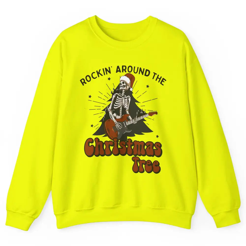 Skeleton Guitar Rocking Around Christmas Tree Western Xmas Unisex Crewneck Sweatshirt