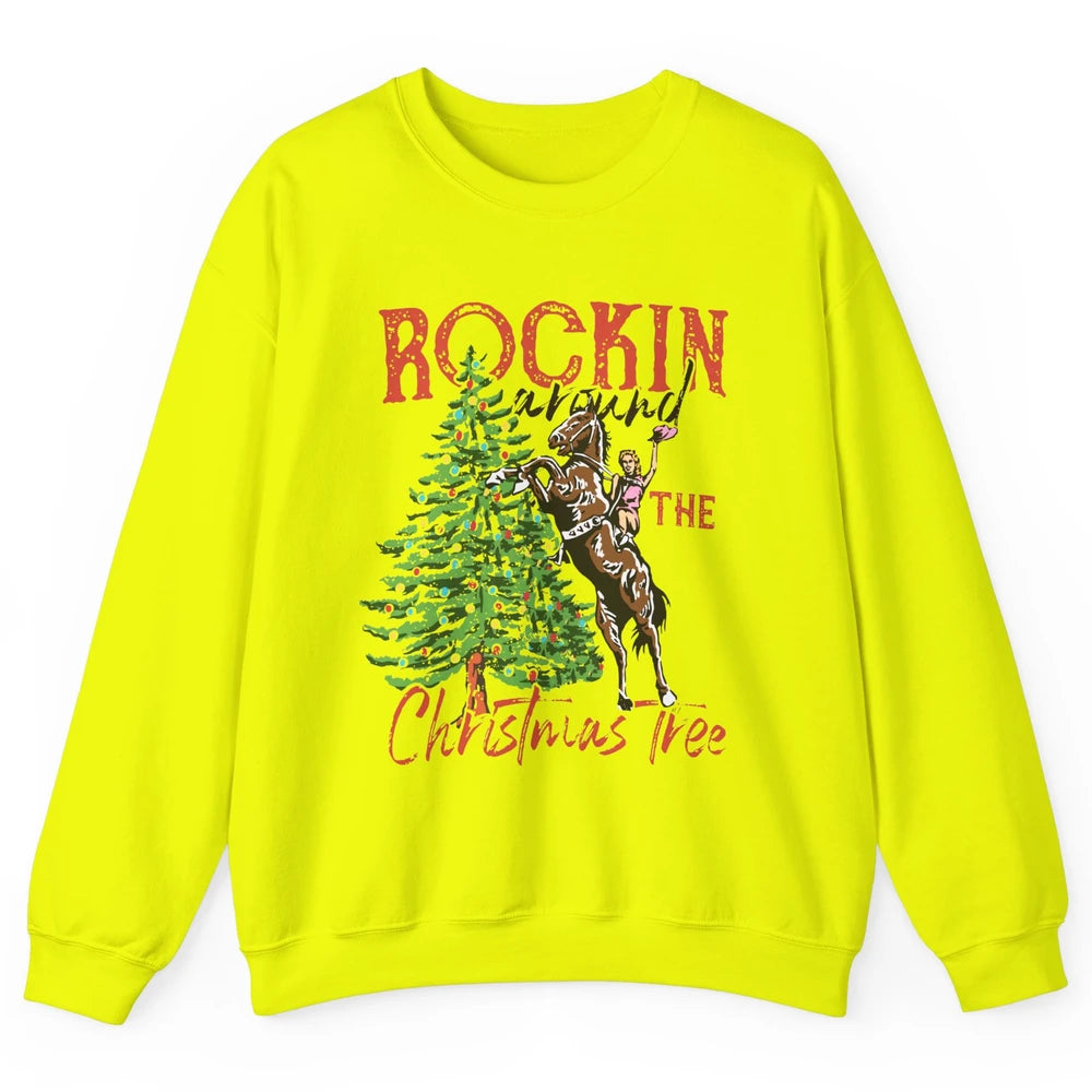 Funny Cowgirl Horsing Rocking Around Christmas Tree Western Unisex Crewneck Sweatshirt