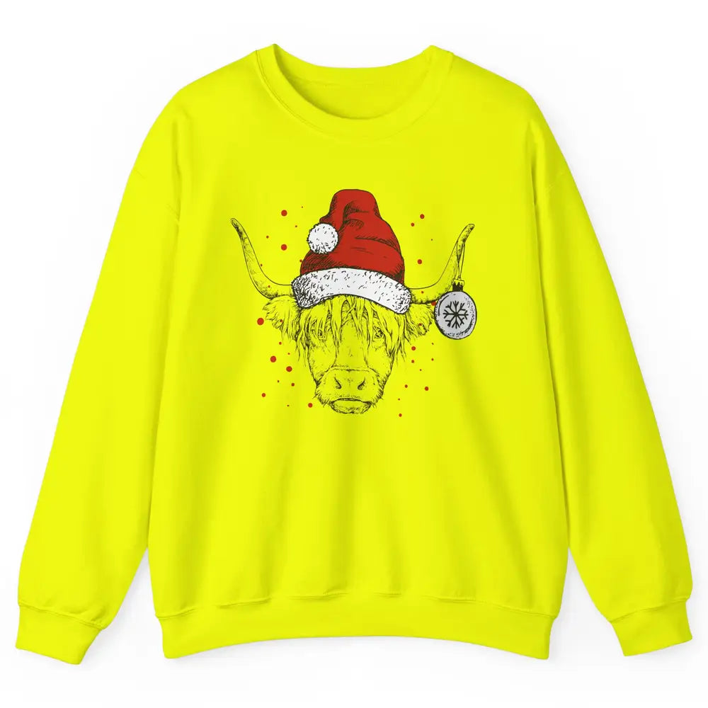 Cute Highland Cow Christmas With Santa Hat Western Xmas Cow Unisex Crewneck Sweatshirt