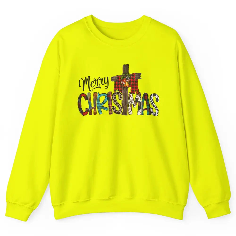 Leopard Jesus Cross Merry Christmas Christian Western Xmas Unisex Crewneck Sweatshirt