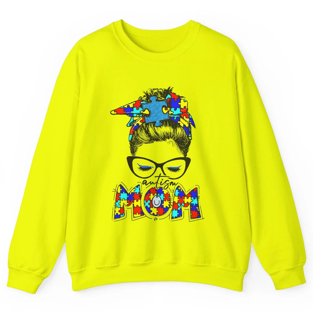 Autism Mom Messy Bun Bandana Puzzle Autism Awareness Month Unisex Crewneck Sweatshirt