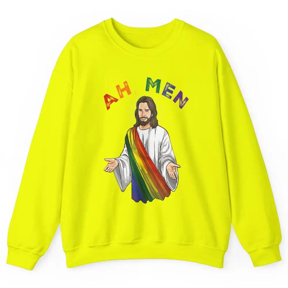 Ah Men LGBT Gay Pride Jesus Christian God Rainbow Flag Love Unisex Crewneck Sweatshirt