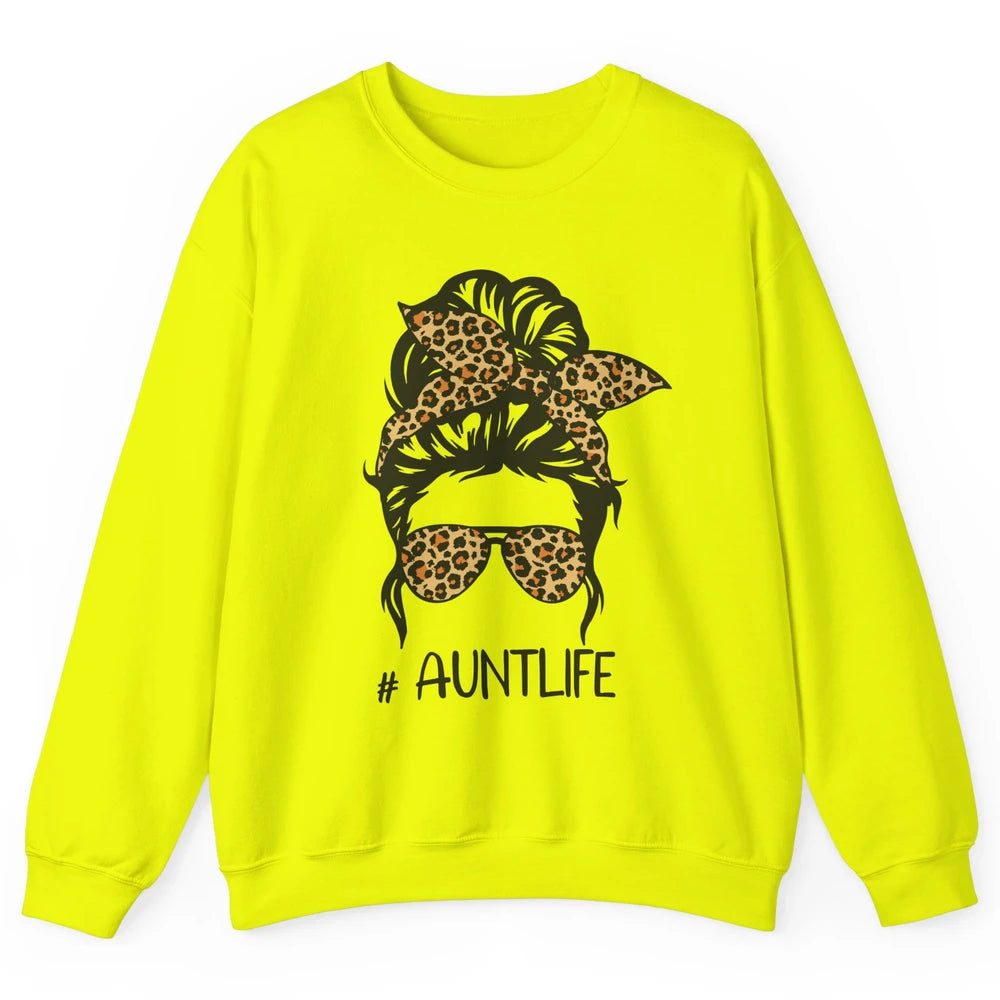 Aunt Life Messy Bun Hair Leopard Sunglasses Bandana Auntie Unisex Crewneck Sweatshirt