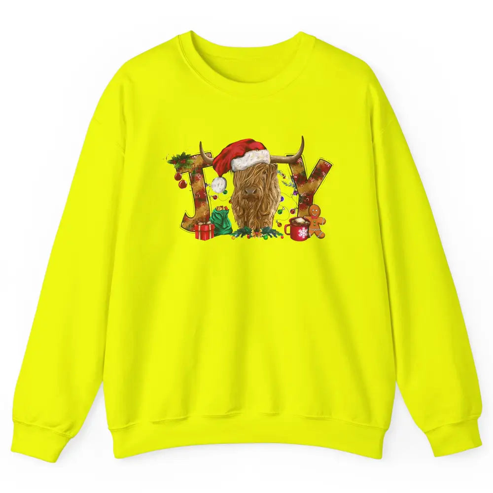 Highland Cow Joy Santa Hat Gingerbread Christmas Farm Gift Unisex Crewneck Sweatshirt