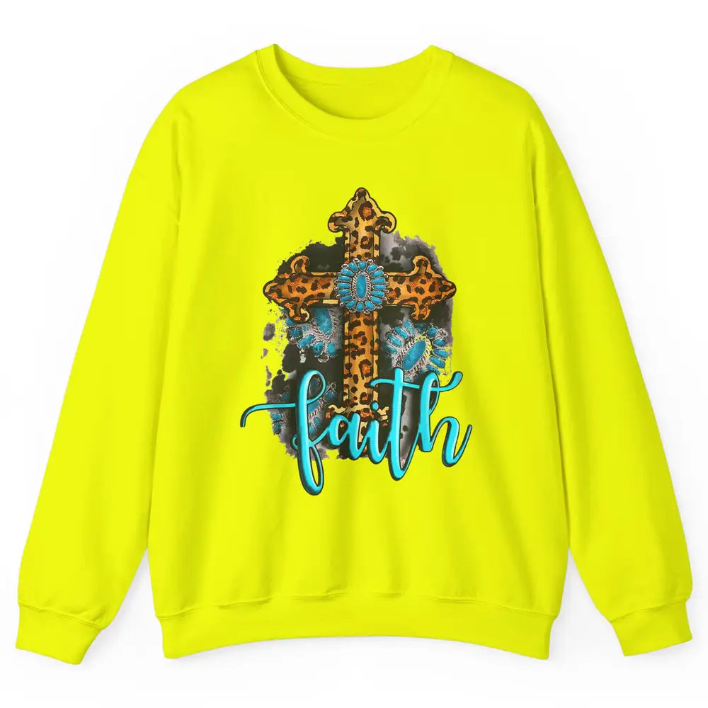 Western Gemstone Leopard Turquoise Cross Faith Jesus God Unisex Crewneck Sweatshirt