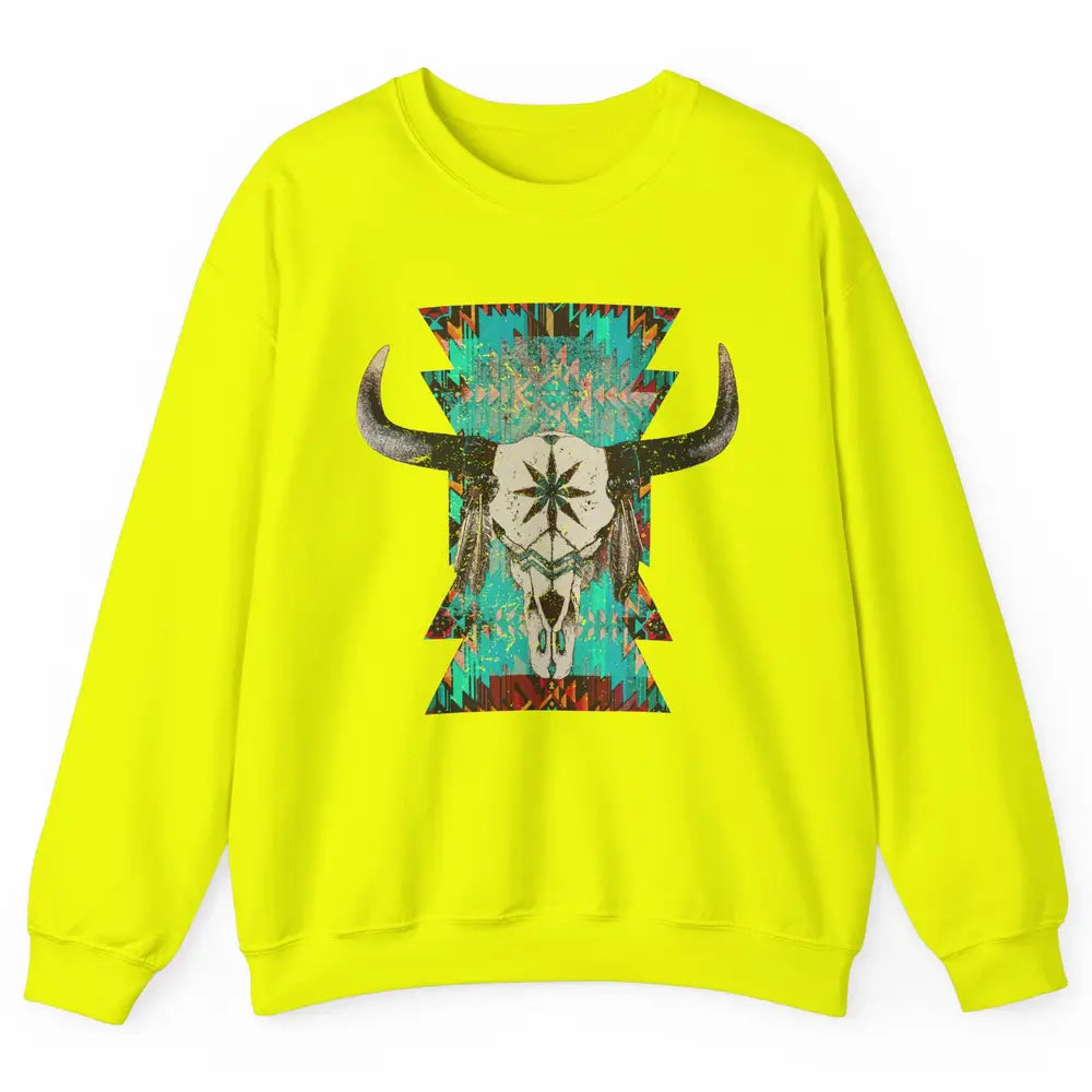 Boho Bull Skull Turquoise Aztec Western Country Rodeo Cowboy Unisex Crewneck Sweatshirt