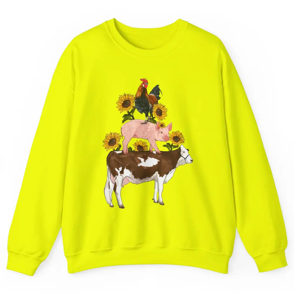 Sunflower Western Farm Life Animals Vegan Cow Pig Rooster Unisex Crewneck Sweatshirt