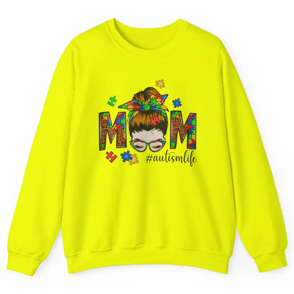 Autism Mom Messy Bun Hair Autism Leopard Puzzle Bandana Unisex Crewneck Sweatshirt