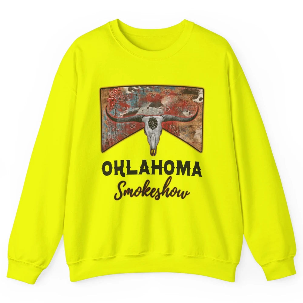 Boho Bull Skull Cow Print Oklahoma Smokeshow Western Country Unisex Crewneck Sweatshirt