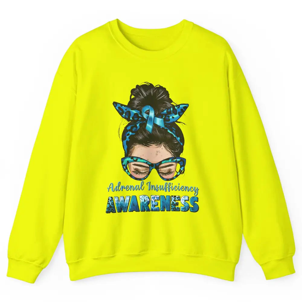 Adrenal Insufficiency Awareness Messy Bun Mom Blue Ribbon Unisex Crewneck Sweatshirt