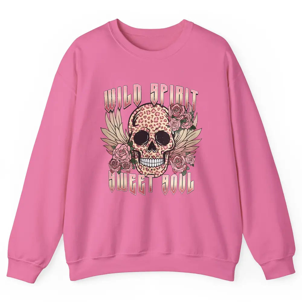 Wild Spirit Sweet Soul Skull Leopard Flowers Western Boho Unisex Crewneck Sweatshirt