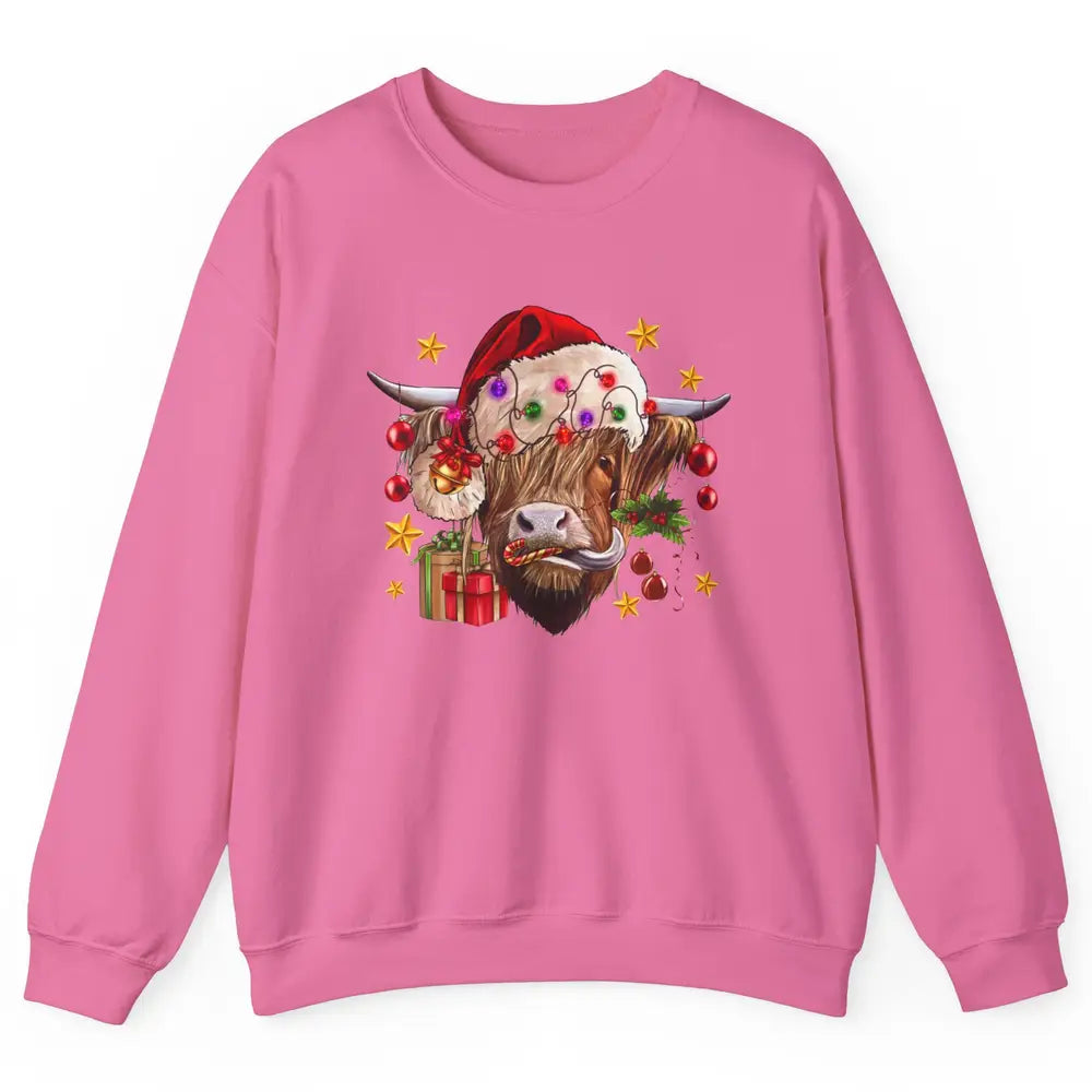 Highland Cow Joy Santa Hat Christmas Ornament Western Farm Unisex Crewneck Sweatshirt