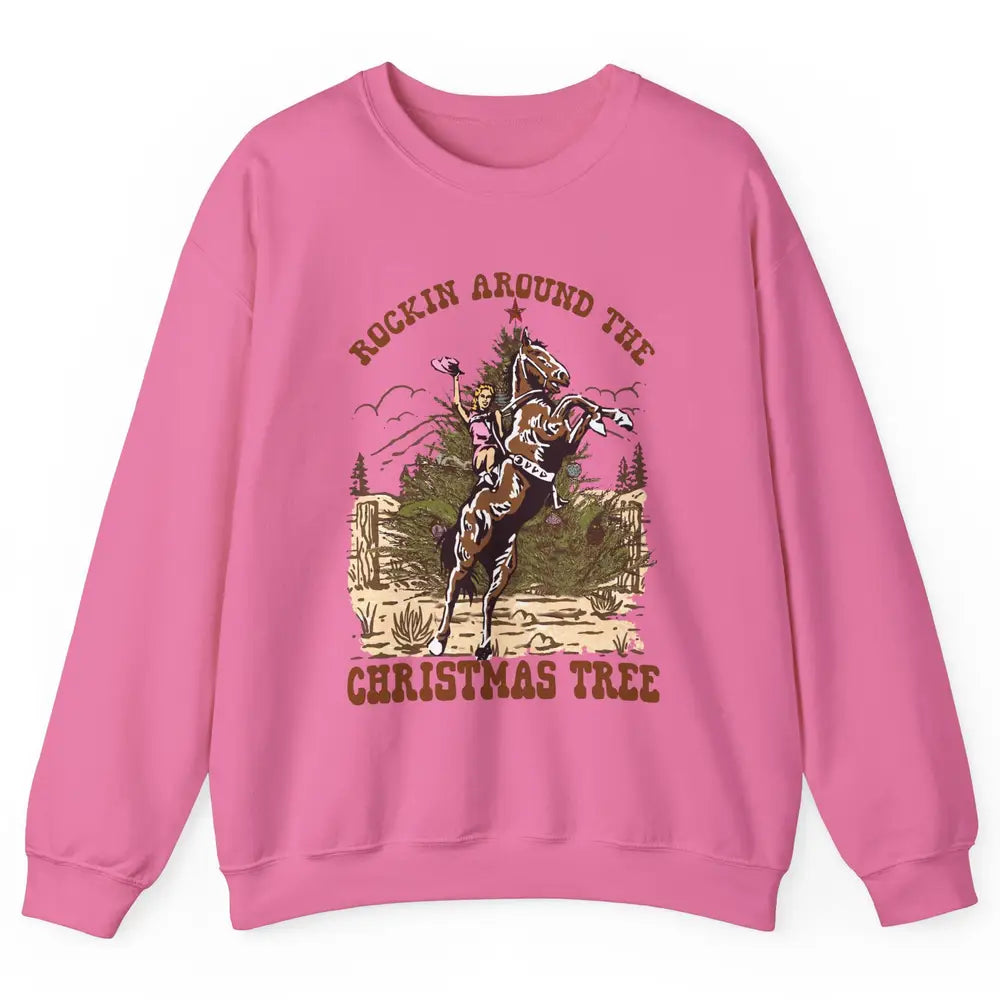 Funny Cowgirl Horsing Rocking Around Christmas Tree Western Unisex Crewneck Sweatshirt