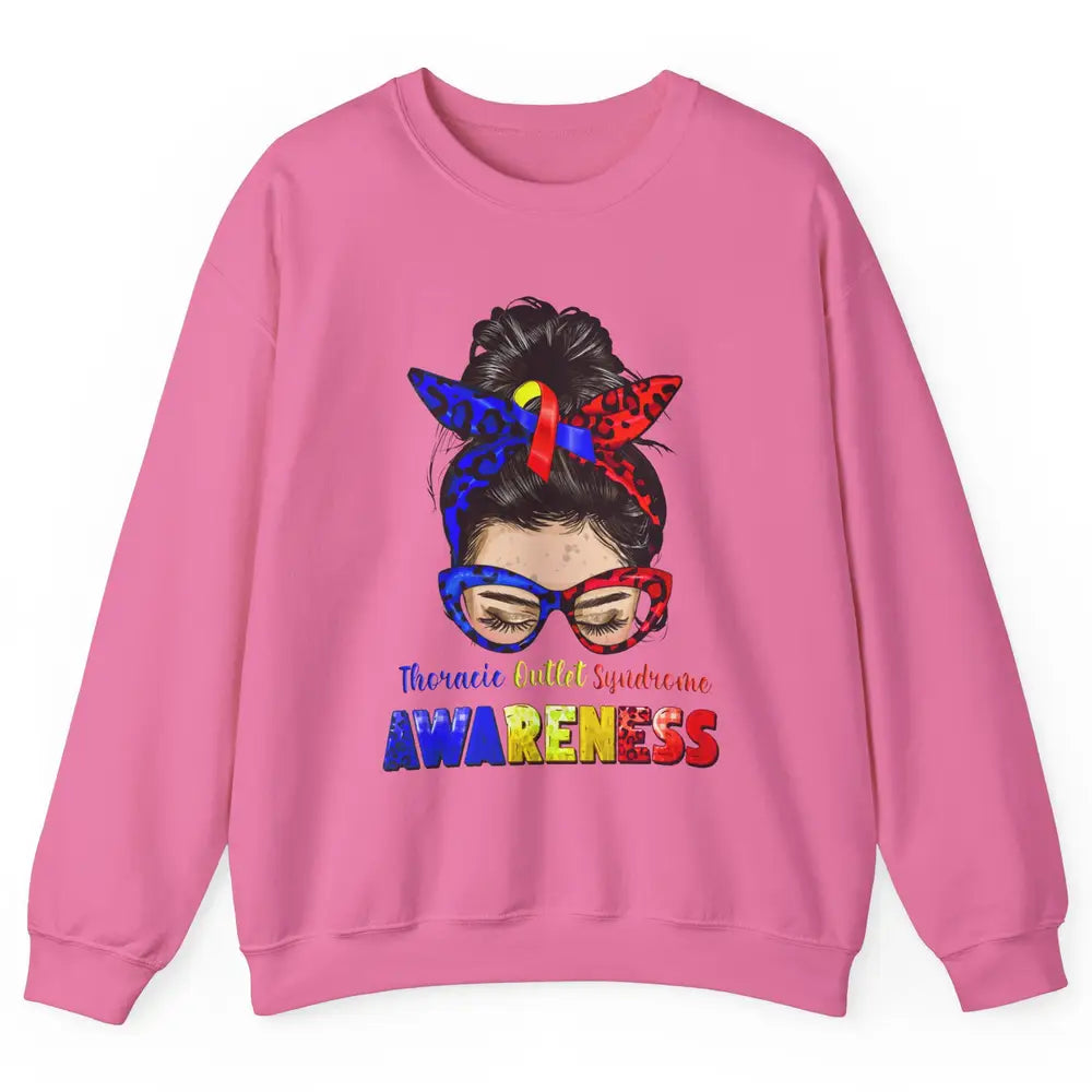 Thoracic Outlet Syndrome Ribbon Leopard Messy Bun Glasses Unisex Crewneck Sweatshirt