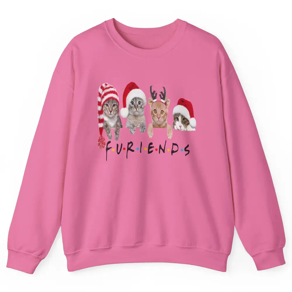 Funny Cat Furiends Merry Christmas Hat Santa Cat Lovers Gift Unisex Crewneck Sweatshirt